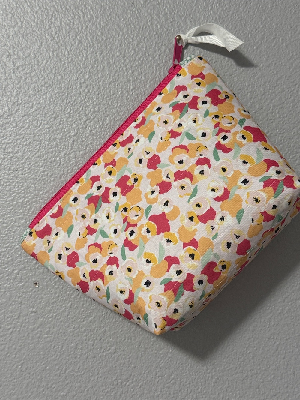 Handmade Quilted Floral Zipper Pouch in Yellow & Pink New